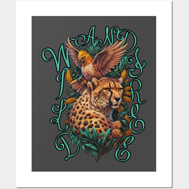 Wild & Free Jungle Spirit: Cheetah, Hawk, Velocity. Green, Black, Orange Adventure. Wall Art by PopArtyParty